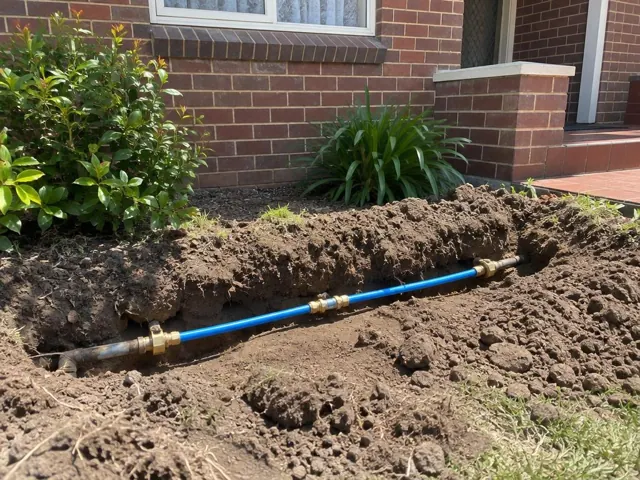 Exposed blue water pipe repair in a soil trench beside a brick house in Berala